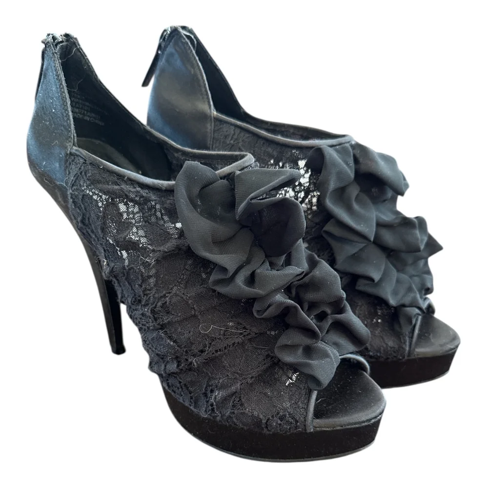 Kardashian Collection Lace Platform Heels with Ruffle Detail, Black, Size 9